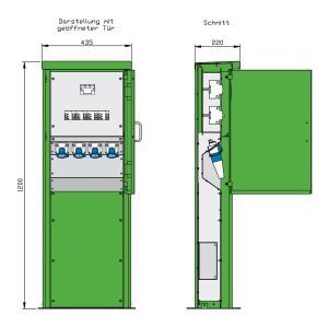 84301050, Energiesäule für Freizeitanlagen mit 4 RCDs TypA, 4 LS und 4 CEE-Abgängen 16A