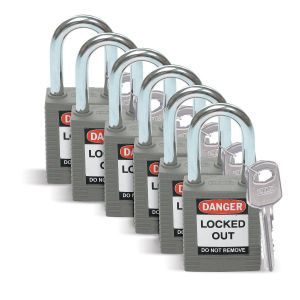 SFTY PADLOCK STEEL 38MM SHA GREY 6/PAC Brady Sicherheitsschlösser mit einem Büg