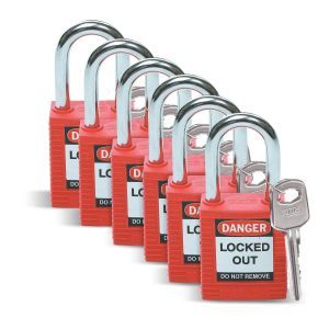 SFTY PADLOCK STEEL 38MM SHA RED 6/PAC Sicherheitsschlösser ? Standard