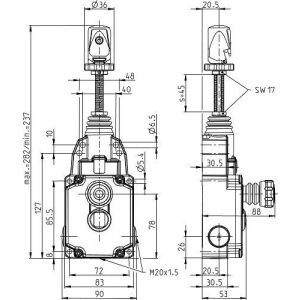 SRM-U1Z/U1Z-QF-175-E, Seilzugschalter inkl. Not-Halt Taster; Metallgehäuse; 2xNC+2xNO Kontakte; 37,5 m max. Abspannlänge; Seil-Schnellspanneinrichtung Quick-Fix