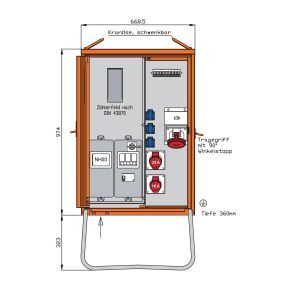 WAV0160R1, Anschlussverteilerschrank 44kVA mit Zählerplatz, RCD Typ B, 5 LS, 3 CEE-Abgänge 16-63A und 3 Schukos