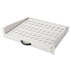 DN-19-TRAY-2-450, Ausziehbarer Fachboden für Festmontage an den vorderen Profilschienen, perf., 2HE, bis zu 30 kg, Grau (RAL 7035), 88x483x352 mm