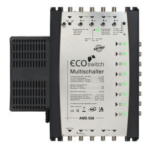 AMS 558 ECOswitch, Kaskadierbares Systembasisgerät für das AMS 5er Ecoswitch-System, 5 Eingänge für eine Satellitenposition plus Terrestrik, 8 Teilnehmerausgänge, wählba