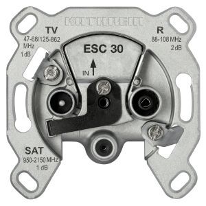 ESC 30 Einzelanschlussdose, 47-68/125-862 u. 87,5-108 u. 950-2150 MHz, DC-Durchlass über SAT, Anschlussdämpfung: Radio 2 dB, TV 1 dB, SAT 1 dB Anschlüsse: Radio = IEC-Bu, TV = IEC-Sti, SAT = F, Schirm