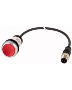 C22-DL-R-K01-24-P3, Leuchtdrucktaste, flach, tastend, 1 Ö, Kabel (schwarz) mit M12A-Stecker, 4-polig, 0.5 m, LED rot, rot, unbeschriftet, 24 V AC/DC, Frontring Titan