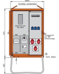 WAV0100R1, Anschlussverteilerschrank 22kVA mit Zählerplatz, RCD TypB, 3 CEE-Abgänge 16-32A und 3 Schukos